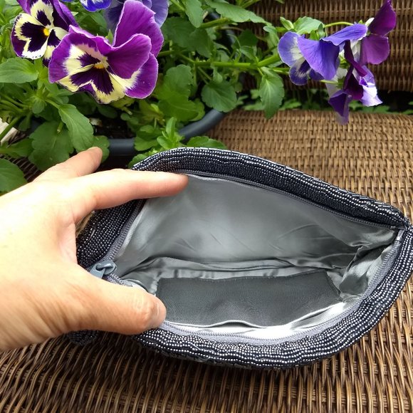 vintage 80s hematite grey seed bead belt clutch set - Picture 8 of 15